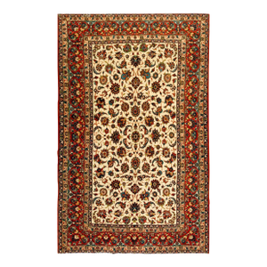 1950s Beige Field & Red Rust Border Floral Vintage Isfahan Wool Silk Carpet Rug