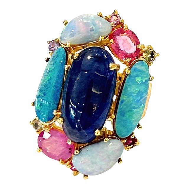 Bochic “Orient” Opal, Ruby & Multi Sapphire Vintage Cluster Ring Set 18k & Silver Size Us 7 For Sale