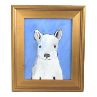 Folk Art Doggie Dog Puppy Oil Painting Including the Antiqued Gold Wood Frame For Sale