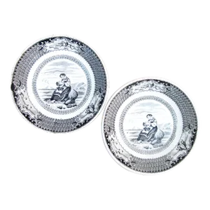 1830s French Gien Black & White Porcelain Transferware Bowls, Pair