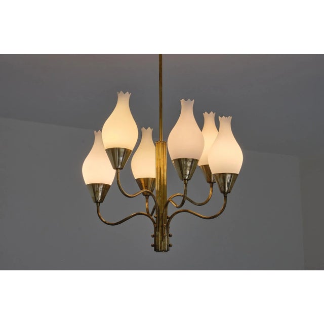 Six Arm Chandelier in Brass and Opal Glass by Edvard Hagman, Sweden, 1956 For Sale - Image 4 of 12