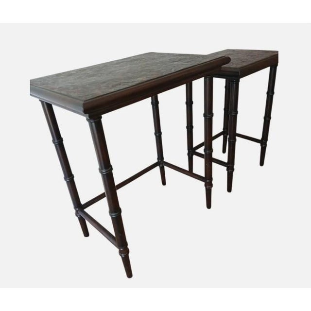 2 MCM Chinoiserie Lacquered Mosaic Nesting Tables Faux Bamboo Legs Asian Vintage Mid Century Modern Collectible This...