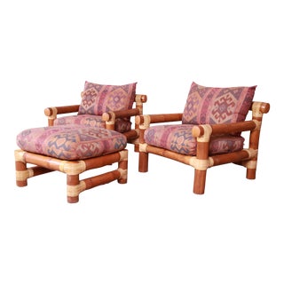 Oversized Bamboo Rattan Lounge Chairs and Ottoman For Sale
