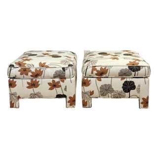 1970s Vintage Drexel Heritage Oversized Floral Ivory Parsons Rectangular Ottomans – A Pair For Sale