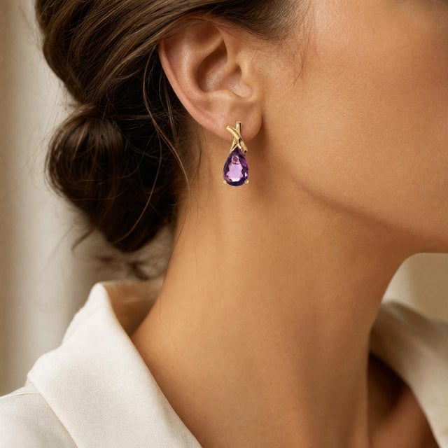 Late 20th Century Late 20th-Century 14k Yellow Gold Pearshape Amethyst X Top Pierced Earrings, Pair For Sale - Image 5 of 5