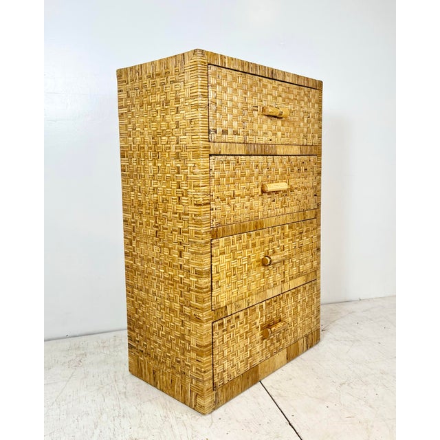 Boho Chic Vintage Woven Caning Wrapped Rattan Tall Dresser For Sale - Image 3 of 12