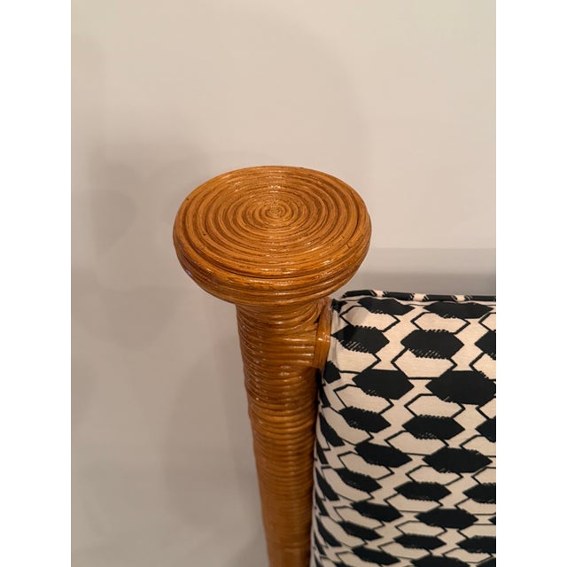 Very unusual stylish statement chair having almost an Egyptian feel with rattan frame and newly updated in fabulous...