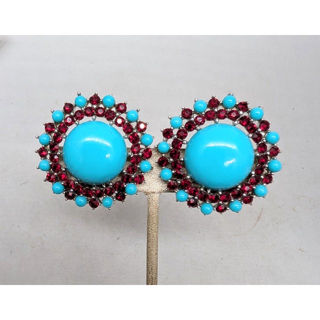 1950s Vintage 1950s Signed Crown Trifari Big Cabochon Faux-Turquoise & Faux-Garnet Clip Earrings-2 Pieces For Sale - Image 5 of 8
