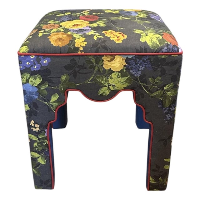 Mackenzie Childs Covent Garden Upholstered Ottoman / Parsons Stool / Vanity Chair For Sale