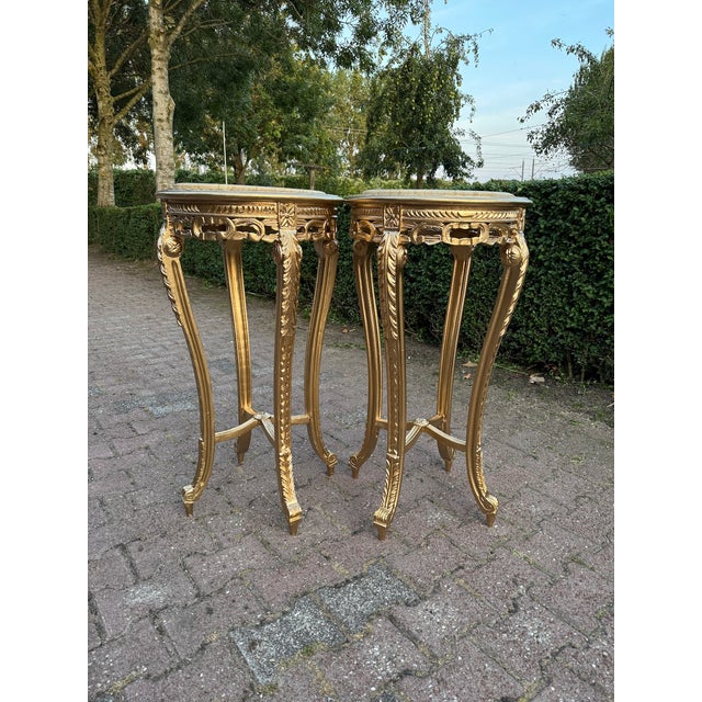 French 1970s Artisan Louis XVI Gold Beech Marble Tables-Pair For Sale - Image 3 of 18