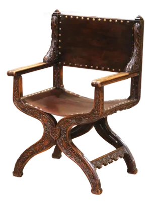 19th Century French Carved Walnut Dagobert Curule Armchair With Tooled Leather