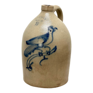 Beautiful 1870s Antique American Blue Bird Decorated 2 Gallon Stoneware Jug by West Troy Stoneware Co. New York