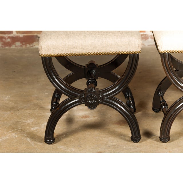 Viennese 1900s Black Stools with X-Form Bases and Custom Upholstery, a Pair For Sale - Image 11 of 12
