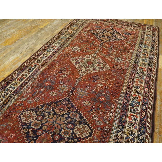 1890s Red Medallion Antique Persian Ghashghaie Carpet 5'6" X 11' Knotted Wool Rug Runner For Sale - Image 4 of 11