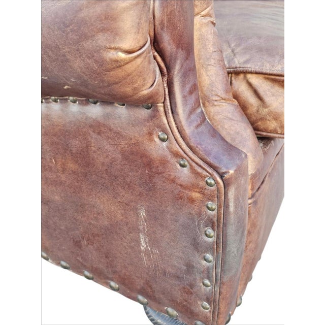 Wood Restoration Hardware Leather Churchill Tufted Sofa For Sale - Image 7 of 18