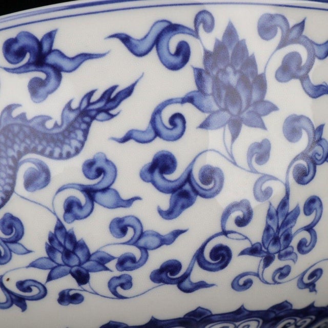 Asian Vintage Blue & White Dragon Stem Bowl For Sale - Image 3 of 9