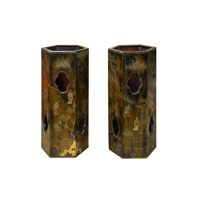 Pair Chinese Matte Gold Scenery Hexagonal Display Wood Brush Pots Vase For Sale In San Francisco - Image 6 of 18