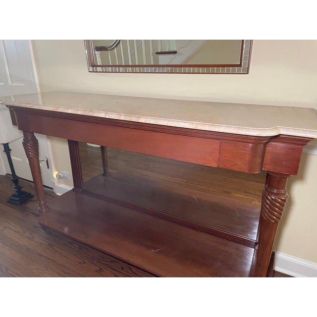 63" Vintage Mahogany Marble Top Console Table With Twisted Legs & Lower Shelf For Sale - Image 4 of 9