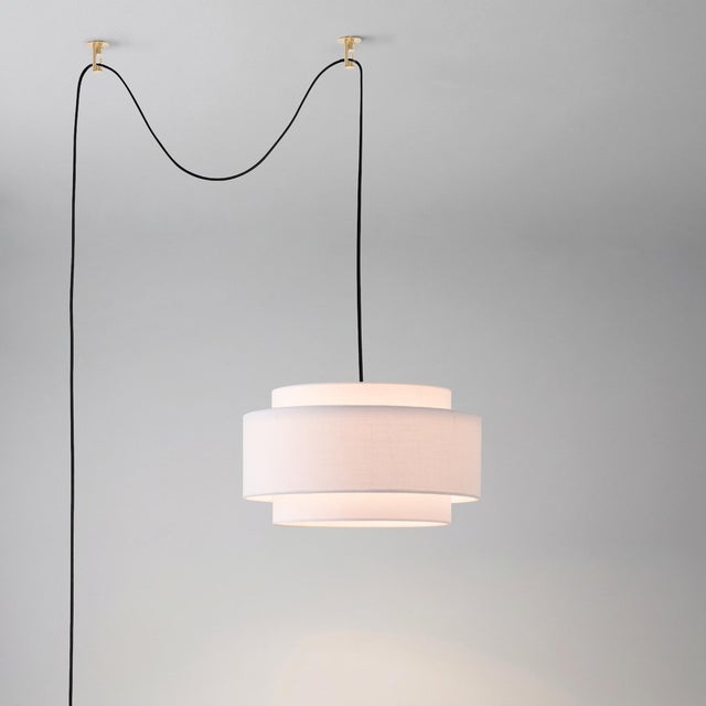 Metal Coronado Stretch Swag Lamp - White Linen Shade, Weathered Brass, Inline Dimmer For Sale - Image 7 of 8
