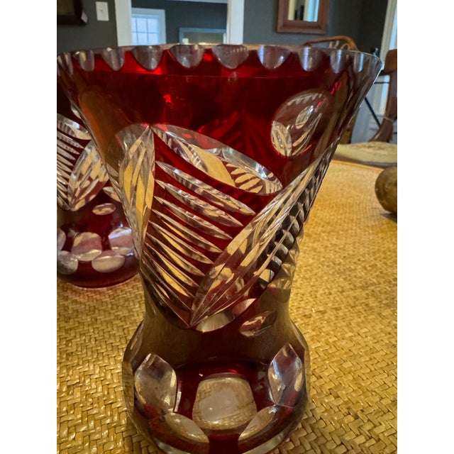 Glass Mid 20th Century Red Cut Glass Vases With Scalloped Edges- a Pair For Sale - Image 7 of 8