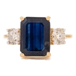 3.35 Ct Emerald Cut Royal Sapphire & Diamond Trilogy Ring Size 6.5 in 14k Gold For Sale
