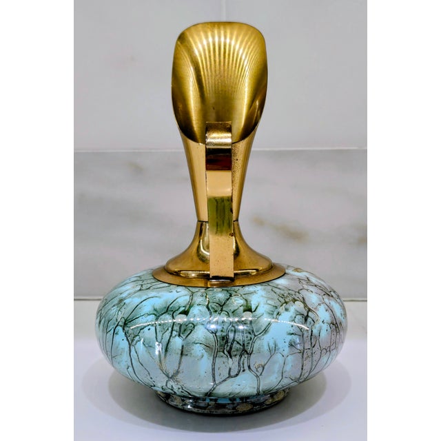 1960s 1960s Hand-Painted Delft Holland Brass and Aqua Ewer Vase For Sale - Image 5 of 9