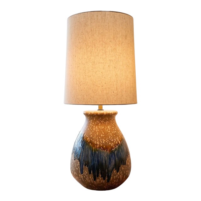 Vintage MCM Drip Glaze Studio Pottery Table Lamp | Cobalt & Amber Circa 1970s For Sale
