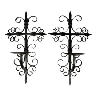 1960s Mexican Hand-Forged Wrought Iron Candle Sconces - a Pair For Sale