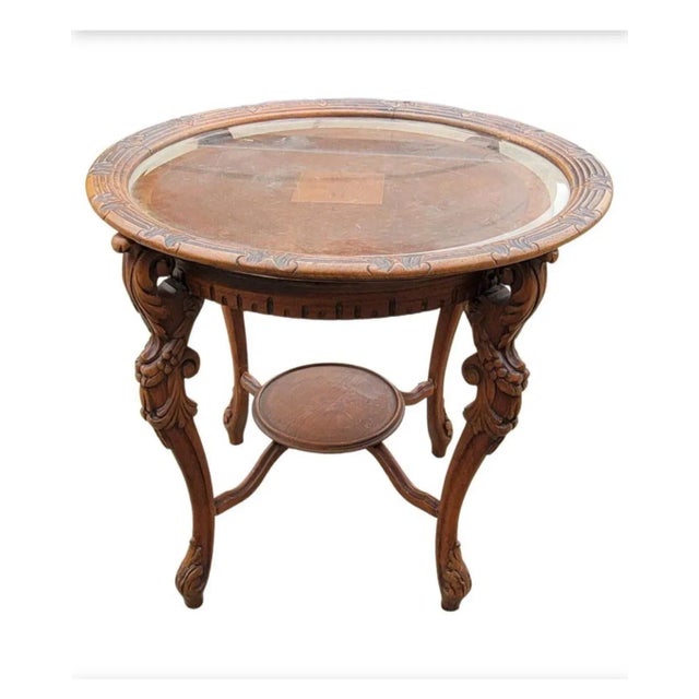 1930s French Renaissance Style Carved Walnut Side Table With Glass Tray Top For Sale - Image 9 of 9