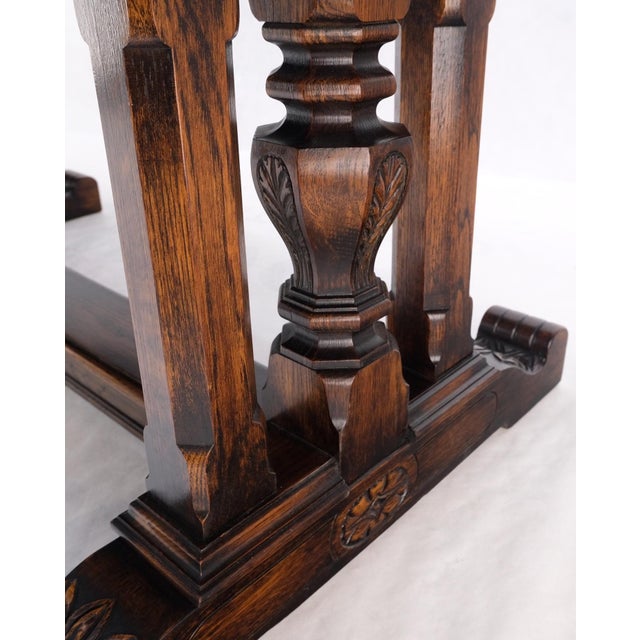 Brown Carved Oak Jacobean Style Refectory Trestle Base Dining Farm Table For Sale - Image 8 of 12
