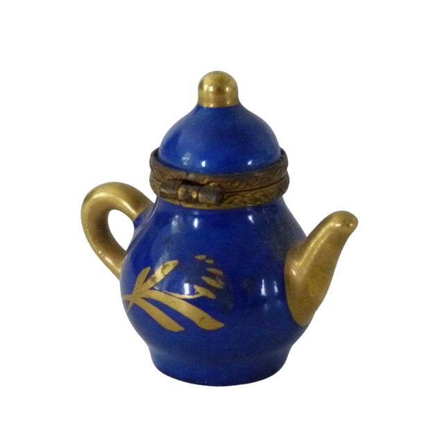 Limoges France Miniature Teapot Trinket Box | Peint Main | Cobalt Blue & Gold Porcelain | Signed For Sale In Atlanta - Image 6 of 10
