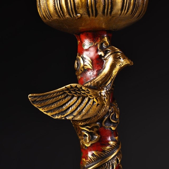 Brass Pair Vintage Gilt Brass Cloisonné Dragon Phoenix Candlesticks, Lotus Top Candle Holders For Sale - Image 8 of 10