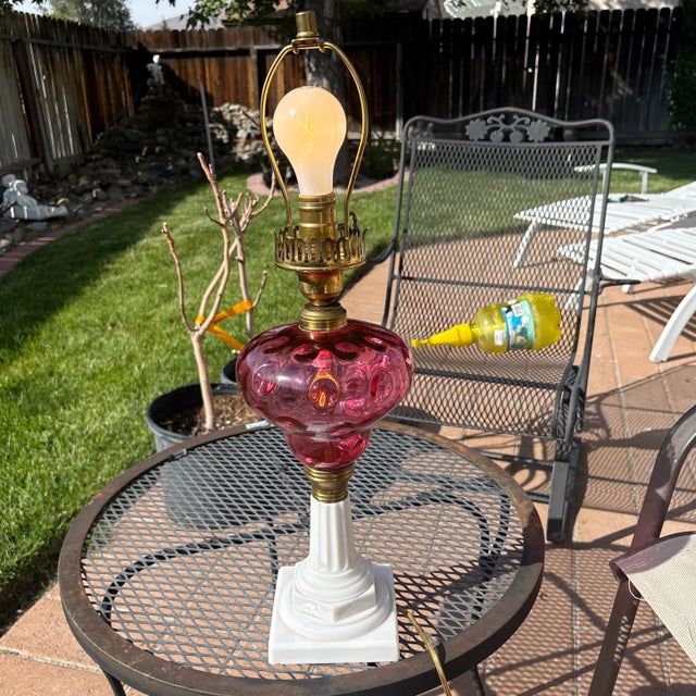Shabby Chic Antique Cranberry Glass Lamp With Milk Glass Base For Sale - Image 3 of 4