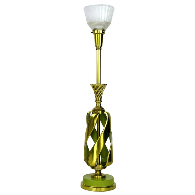 Mid-Century Modern Rembrandt Stylized Pineapple Form Brass & Chartreuse Lacquer Table Lamps - a Pair For Sale - Image 3 of 7