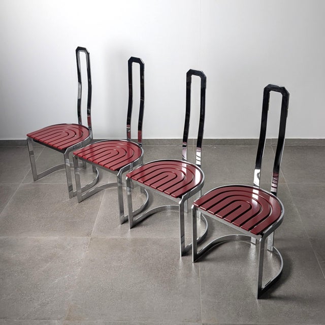 Postmodern Postmodern Chairs in Chrome Steel and Red Wood, 1980s, Set of 4 For Sale - Image 3 of 12