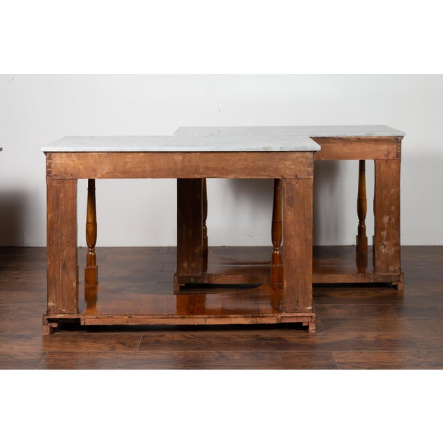 French Pair of French 1860s Napoleon III Period Walnut Console Tables with Marble Tops For Sale - Image 3 of 12