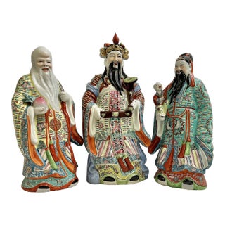 Mid 20th Century Chinoiserie Porcelain Feng Shui Fu Lu Shou Deities Statues - a Set of 3 For Sale