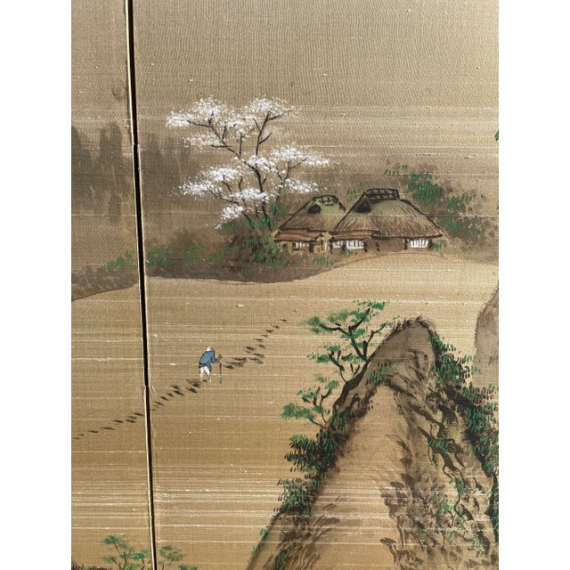 Mid-Century Modern 1940s Byobu Four Panel Japanese Screens Depicting Waterfall, Mountain, and Cherry Blossom Trees For Sale - Image 3 of 13