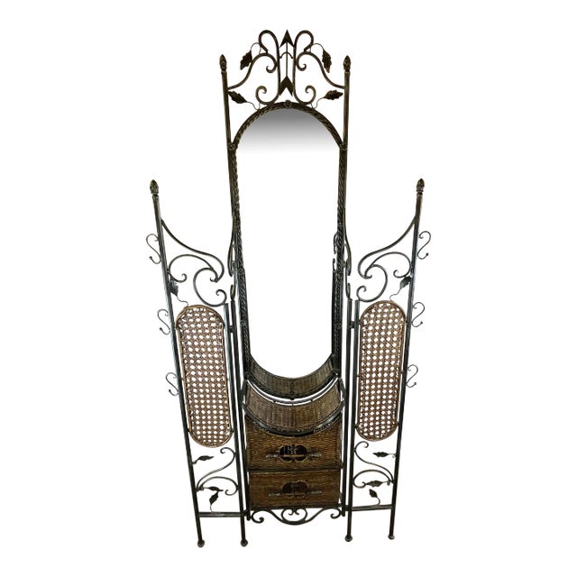 Mid-Century Boho Chic Steel and Wicker Cane Entryway Mirror and Cabinet. For Sale