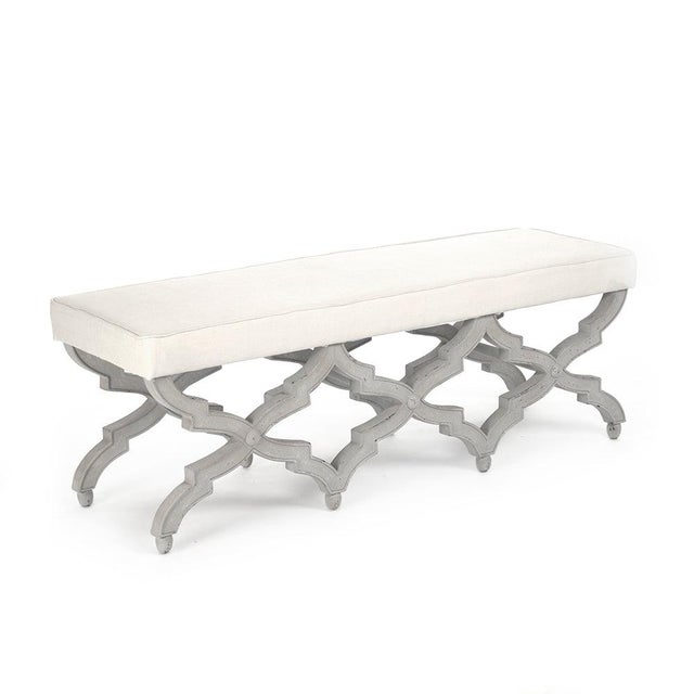 French Country Judith Off-White Linen Bench in Distressed Gray Birch Frame For Sale - Image 3 of 3