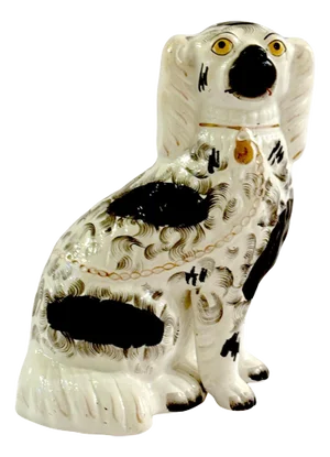 19th Century Staffordshire Unique Black & White Spaniel with Separated Foot