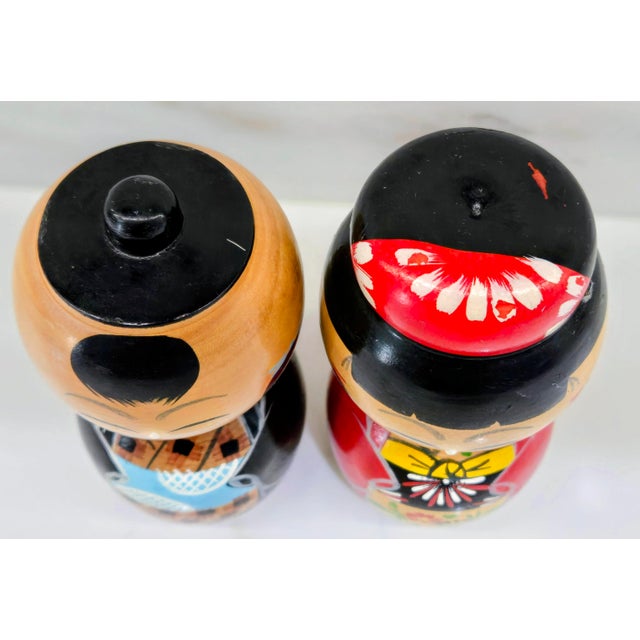 Vintage Japanese Wedding Kokeshi Dolls – Hanayome Bride & Mubuko Groom Folk Art Pair, Hand-Painted Wood For Sale In Dallas - Image 6 of 10