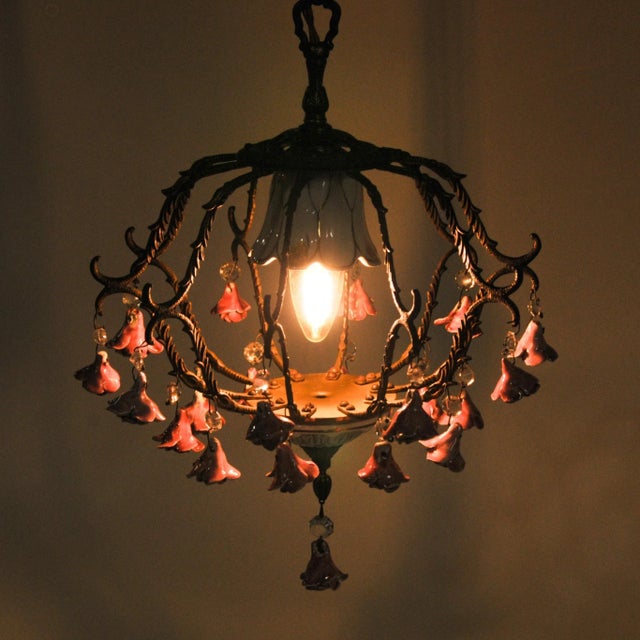 Vintage Petite European Brass and Ceramic Rose Chandelier For Sale - Image 13 of 14