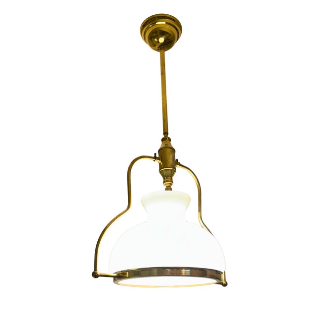 1950s 1950 French Mid-Century Brass & Opaline Glass Pendant Light For Sale - Image 5 of 7