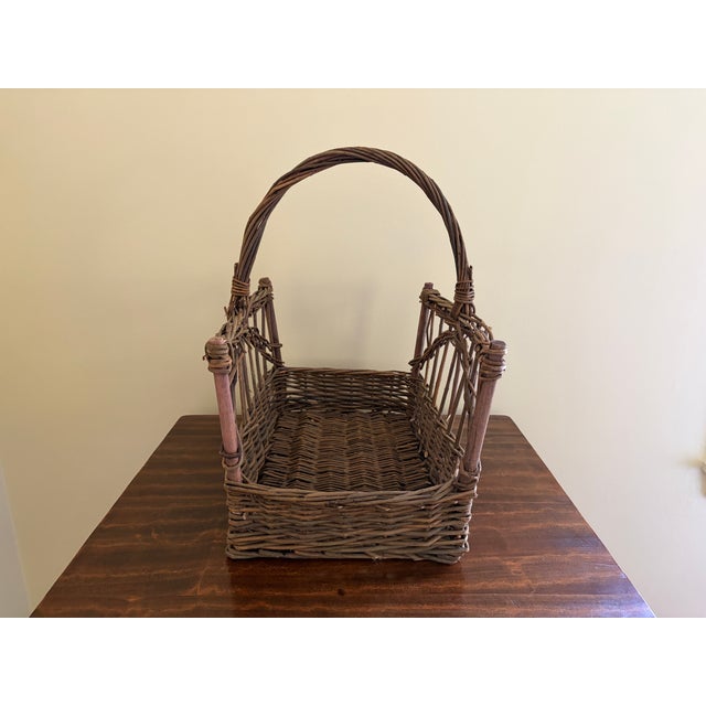 Brown Vintage Rustic Twig Magazine Holder With Arched Handle For Sale - Image 8 of 8