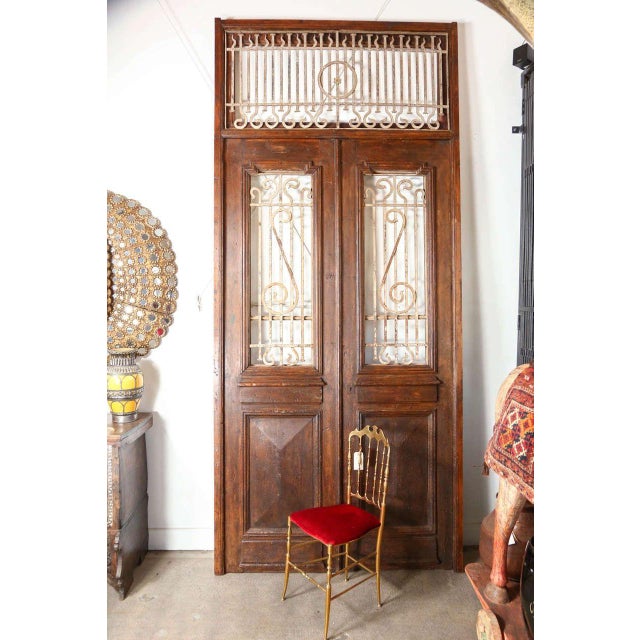 Antique French Painted Double Entry Doors With Transom Wood and Wrought Iron For Sale - Image 15 of 18