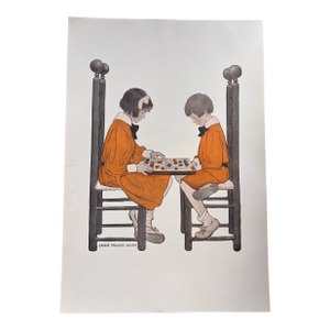 1908 Jessie Willcox Smith, Checker Players, Original Color Lithograph (Offset) Print. Antique Collectible