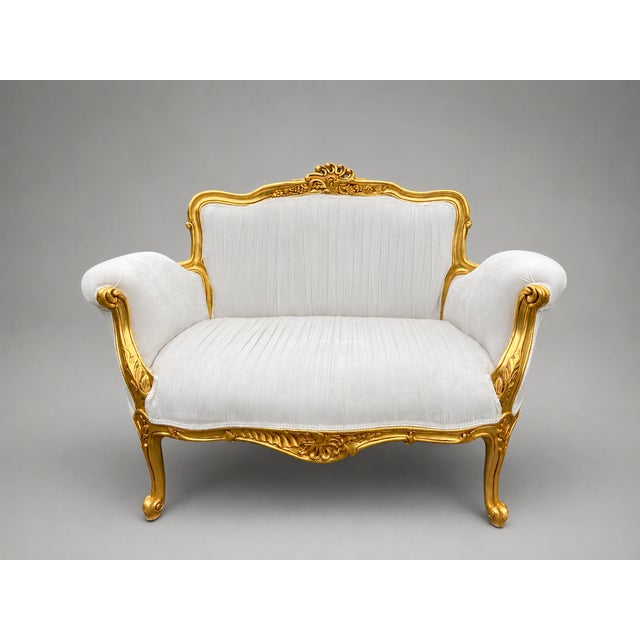 1980s French Louis XVI Gold Velvet Beech Settee For Sale - Image 4 of 16