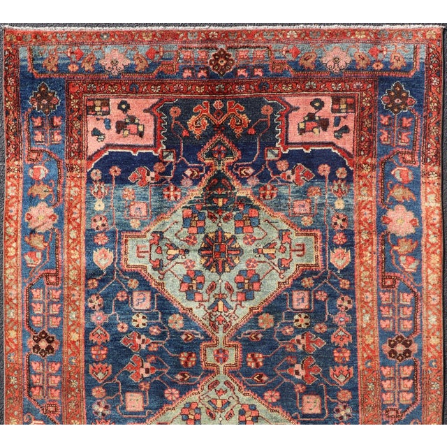 Antique Persian finely woven Karajeh rug Two Geometric Medallions in Green, Blue, and Red.Keivan Woven Arts / rug...