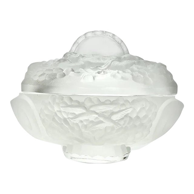 1920s Lalique-Style Frosted Crystal Oval Dresser Vanity Trinket Box Cherubs Birds For Sale